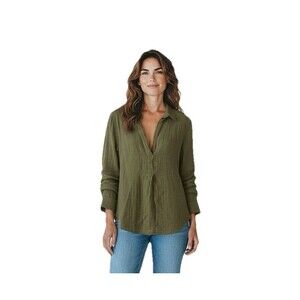 Xirena Gauze Top Women's V-Neck Cotton USA Shirt Long Sleeves Olive Green Small